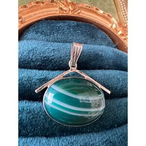 Renell Perry Signed 2004 Green Banded Agate Pendant 925 Sterling Silver